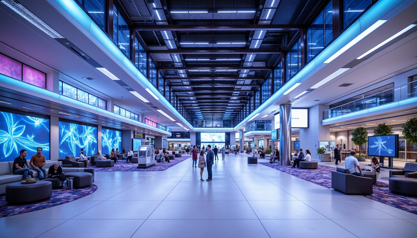 Prompt: Futuristic airport interior, sleek metallic accents, neon-lit signage, holographic displays, iridescent color scheme, blues and purples hues, glowing white floors, reflective glass surfaces, angular lines, minimalist seating areas, futuristic lighting fixtures, ambient occlusion, softbox lighting, shallow depth of field, 3/4 composition, panoramic view, realistic textures, vibrant LED lights, aerodynamic shapes, stainless steel railings, high-tech information kiosks, virtual reality experiences.