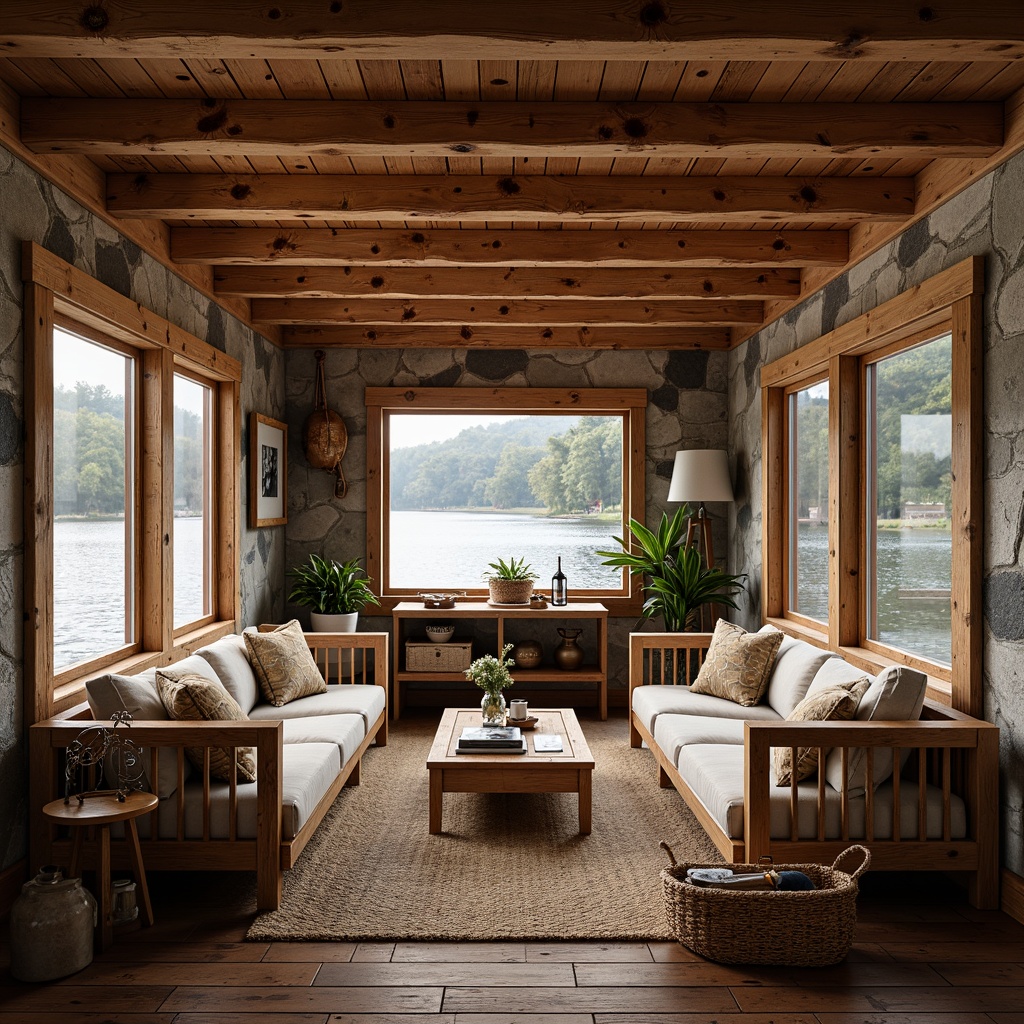 Prompt: Cozy boathouse interior, warm wood accents, reclaimed wooden planks, nautical themed decor, rustic wooden beams, lakeside views, natural stone walls, earthy color palette, plush furnishings, soft warm lighting, 1/1 composition, shallow depth of field, realistic textures, ambient occlusion, wooden furniture with metal hardware, woven textiles, vintage nautical instruments, distressed wood finishes, water-inspired accessories.