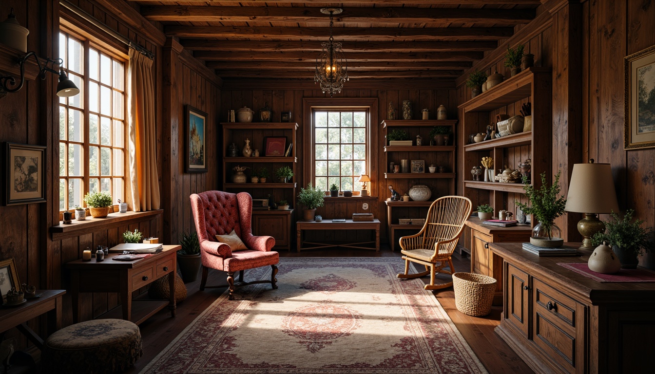 Prompt: Rustic craft room, wooden furniture, ornate carvings, luxurious fabrics, velvet drapes, rich wood tones, antique artifacts, vintage decorative items, intricate moldings, gilded accents, warm candlelight, soft focus, shallow depth of field, 1/1 composition, realistic textures, ambient occlusion.