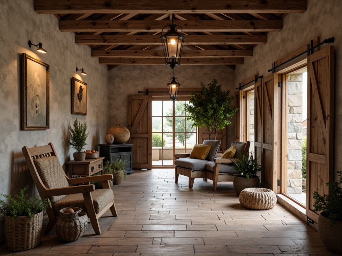 Prompt: Rustic farmhouse, vintage metal lanterns, distressed wood beams, reclaimed barn doors, earthy tones, natural stone walls, wooden floorboards, antique furniture pieces, woven wicker baskets, potted greenery, soft warm lighting, cozy ambiance, 1/2 composition, shallow depth of field, realistic textures, ambient occlusion.