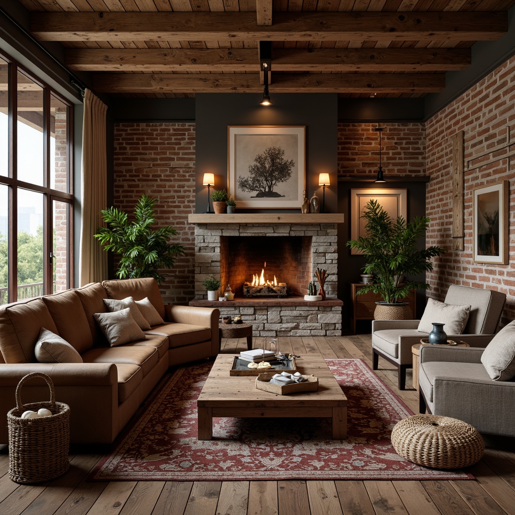 Prompt: Rustic-chic interior, reclaimed wooden planks, exposed brick walls, natural stone textures, earthy color palette, warm candlelight, cozy fireplace, plush area rugs, vintage furniture pieces, distressed metal accents, rich leather upholstery, woven baskets, potted greenery, soft ambient lighting, shallow depth of field, 1/1 composition, realistic wood grain, subtle texture noise.