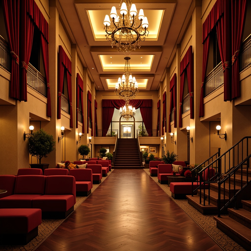 Prompt: Rich velvet curtains, warm golden lighting, deep red seats, polished wooden floors, ornate metal railings, grand chandeliers, luxurious fabric upholstery, intricate carvings, soft cream walls, subtle patterned carpets, dramatic spotlights, 1/2 composition, shallow depth of field, warm color tones, elegant architectural details.