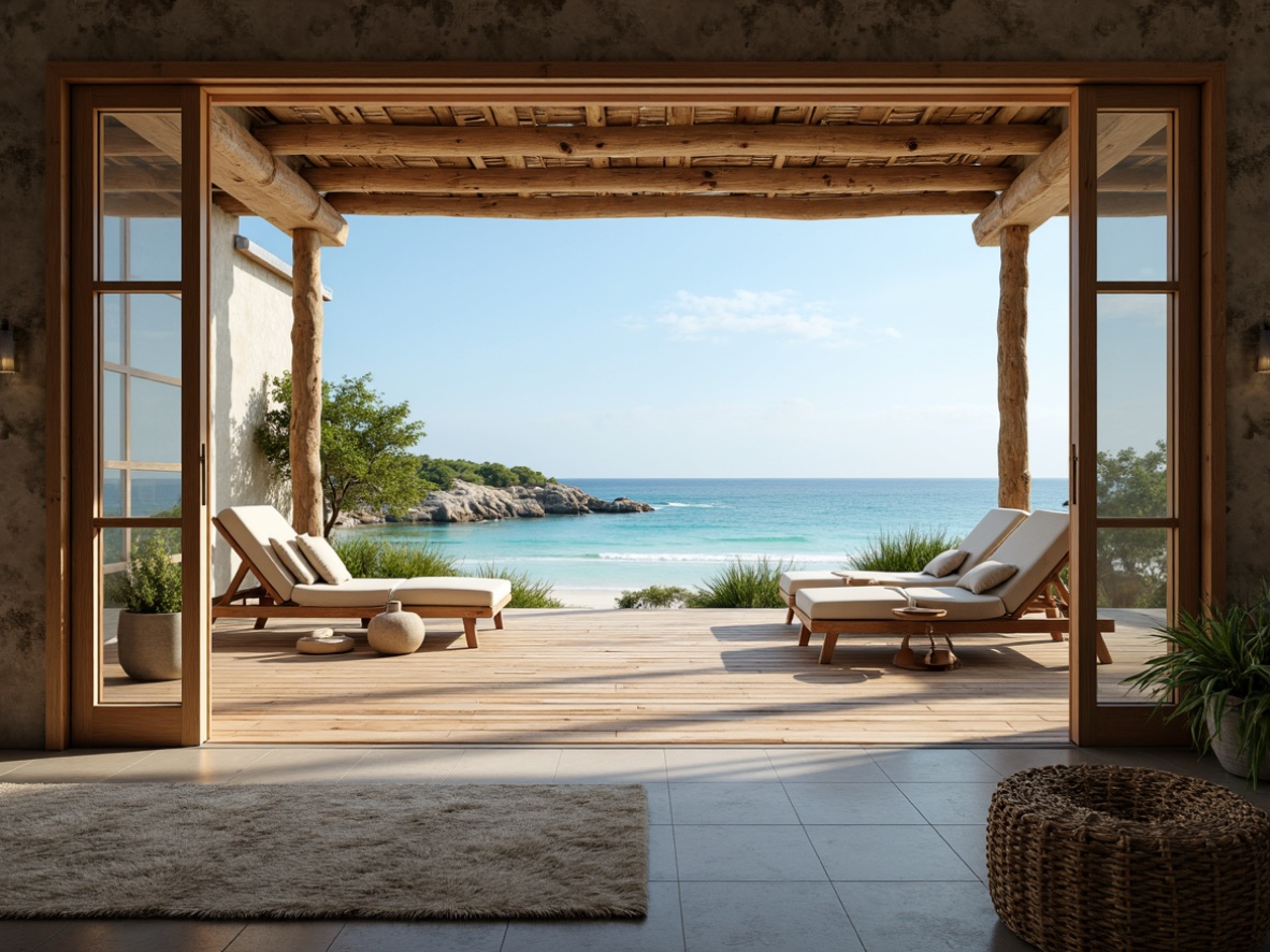 Prompt: Serene ocean views, gentle sea breeze, warm sandy beaches, driftwood accents, rustic wooden decks, calming blue-green color palette, large windows, sliding glass doors, natural stone walls, reclaimed wood furniture, woven textiles, nautical rope details, soft warm lighting, shallow depth of field, 3/4 composition, panoramic view, realistic textures, ambient occlusion, rehabilitation equipment, therapy rooms, patient lounges, meditation areas, peaceful atmosphere.