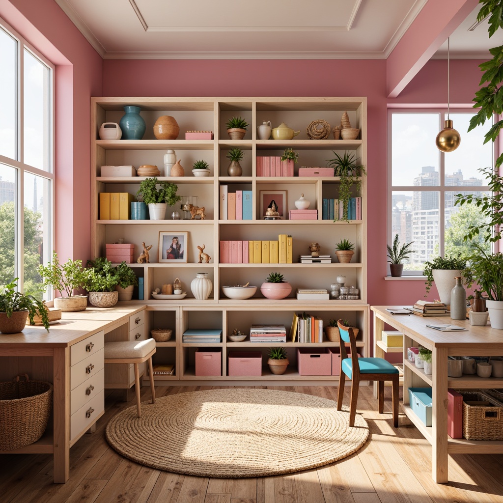 Prompt: Vibrant craft room, pastel hues, soft pink walls, creamy white shelves, warm wooden worktables, colorful storage bins, eclectic decorative accents, natural fiber rugs, abundant greenery, cozy reading nook, softbox lighting, shallow depth of field, 1/1 composition, realistic textures, ambient occlusion.