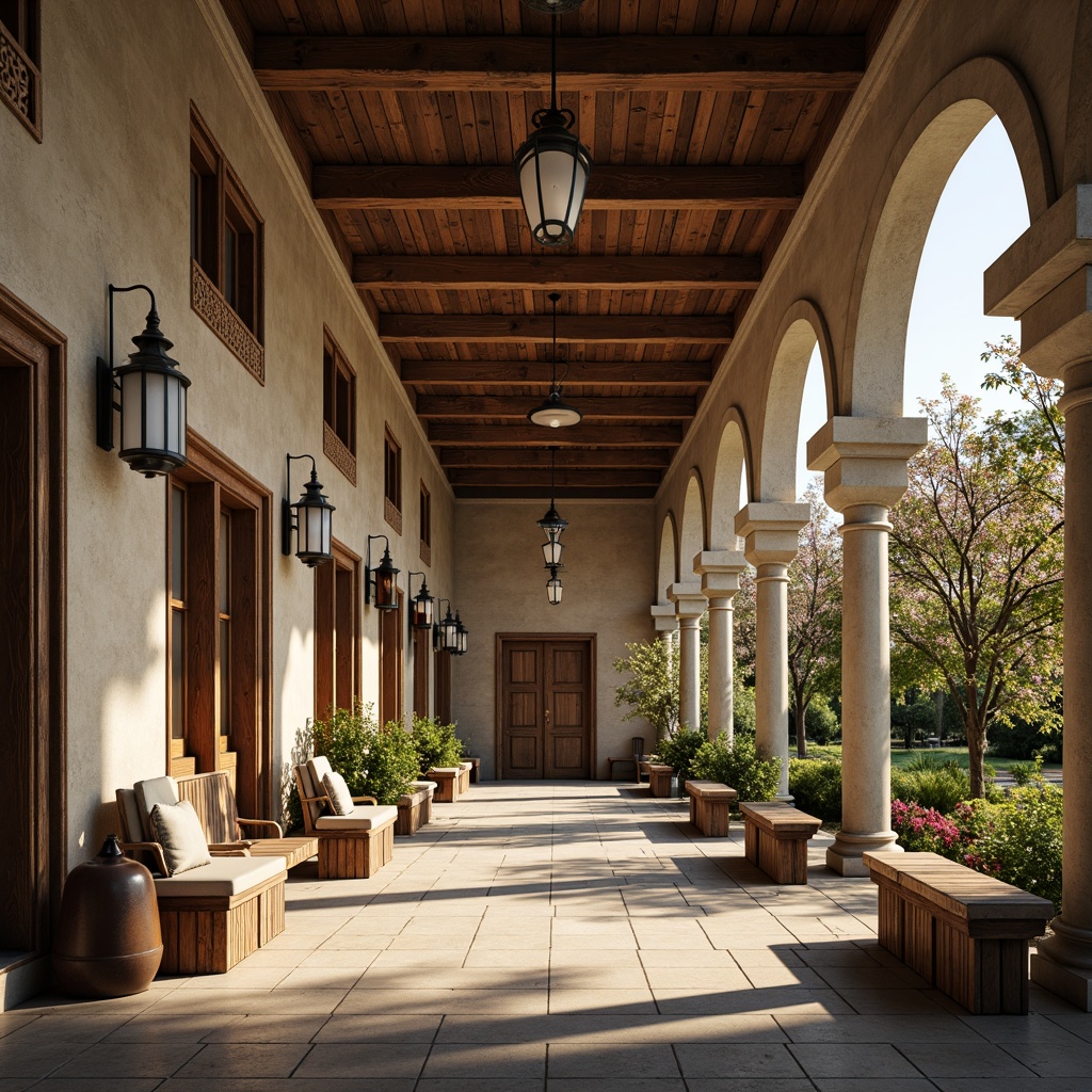 Prompt: Rustic youth center, classical arches, ornate columns, textured stone walls, distressed wood accents, vintage metal lanterns, soft warm lighting, shallow depth of field, 1/2 composition, symmetrical framing, nostalgic color palette, earthy tones, natural materials, intricate moldings, decorative cornices, grand entrance hallways, wooden benches, classic sculptures, lush greenery, blooming flowers.