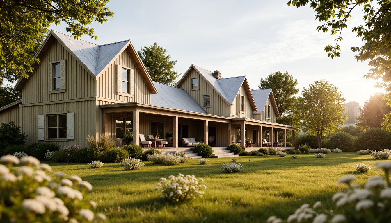 Prompt: Rustic farmhouse, vintage wooden accents, earthy tones, warm beige walls, soft sage green trim, creamy white shutters, distressed metal roofs, lush green pastures, wildflower fields, sunny afternoon light, golden hour glow, shallow depth of field, 2/3 composition, natural textures, ambient occlusion.