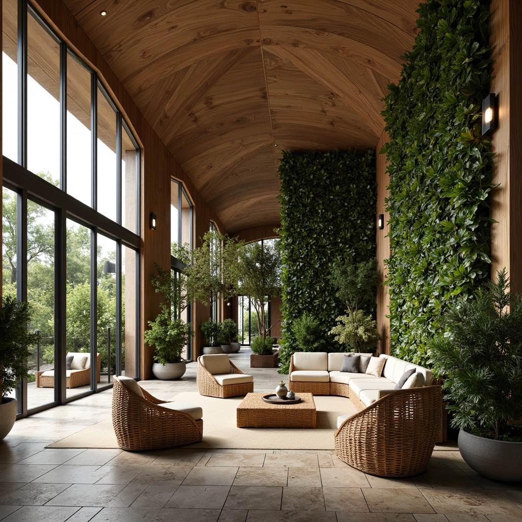 Prompt: Organic curves, reclaimed wood accents, living walls, lush greenery, natural stone floors, earthy color palette, botanical patterns, organic textures, woven bamboo furniture, rattan decor, nature-inspired sculptures, floor-to-ceiling windows, abundant natural light, warm ambiance, cozy nooks, 1/1 composition, soft focus, realistic renderings.