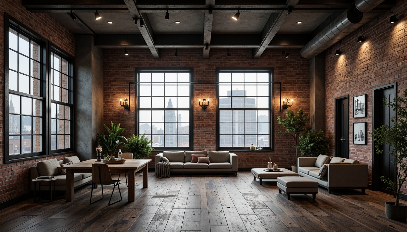 Prompt: Exposed brick walls, distressed wood accents, metal beams, reclaimed wooden floors, industrial-grade steel doors, concrete surfaces, matte black metal frames, Edison bulb lighting, urban cityscape views, gritty textures, moody color palette, high ceilings, open spaces, minimalist decor, functional furniture, raw unfinished edges, brutalist architecture, atmospheric misty lighting, 1/1 composition, realistic render.