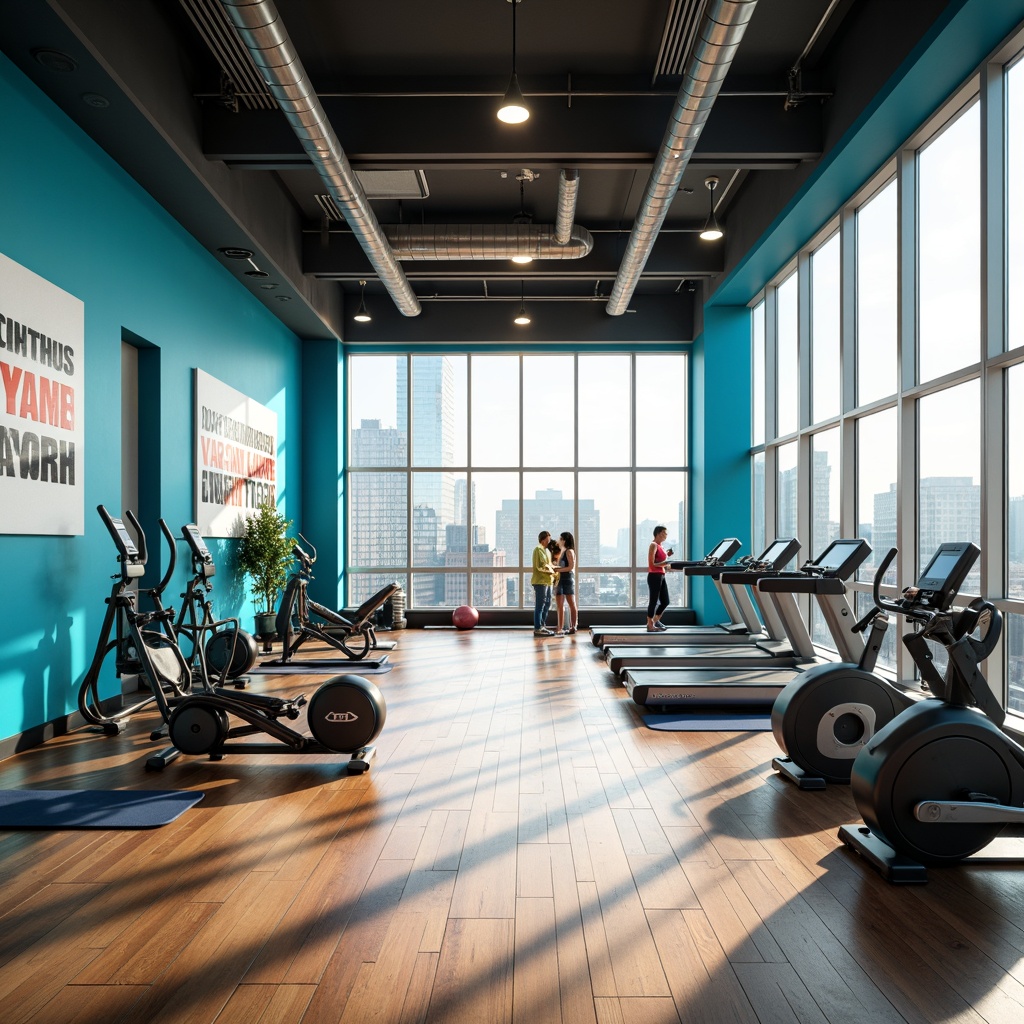 Prompt: Vibrant fitness club, light blue accent walls, energetic atmosphere, modern equipment, treadmills, free weights, yoga mats, motivational quotes, sleek metal frames, polished wooden floors, refreshing ambiance, calming natural light, floor-to-ceiling windows, urban cityscape view, morning sunlight, soft warm glow, 1/1 composition, shallow depth of field, realistic textures, ambient occlusion.