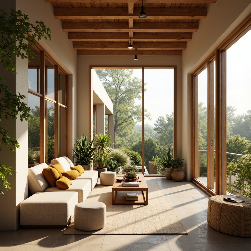 Prompt: Sun-kissed sunroom, floor-to-ceiling windows, sliding glass doors, natural wood accents, warm beige tones, organic shapes, greenery views, lush plants, modern minimalist decor, sleek low-profile furniture, geometric patterns, ambient soft lighting, warm color palette, cozy reading nooks, plush textiles, abstract artwork, 1/1 composition, shallow depth of field, soft focus, realistic materials.