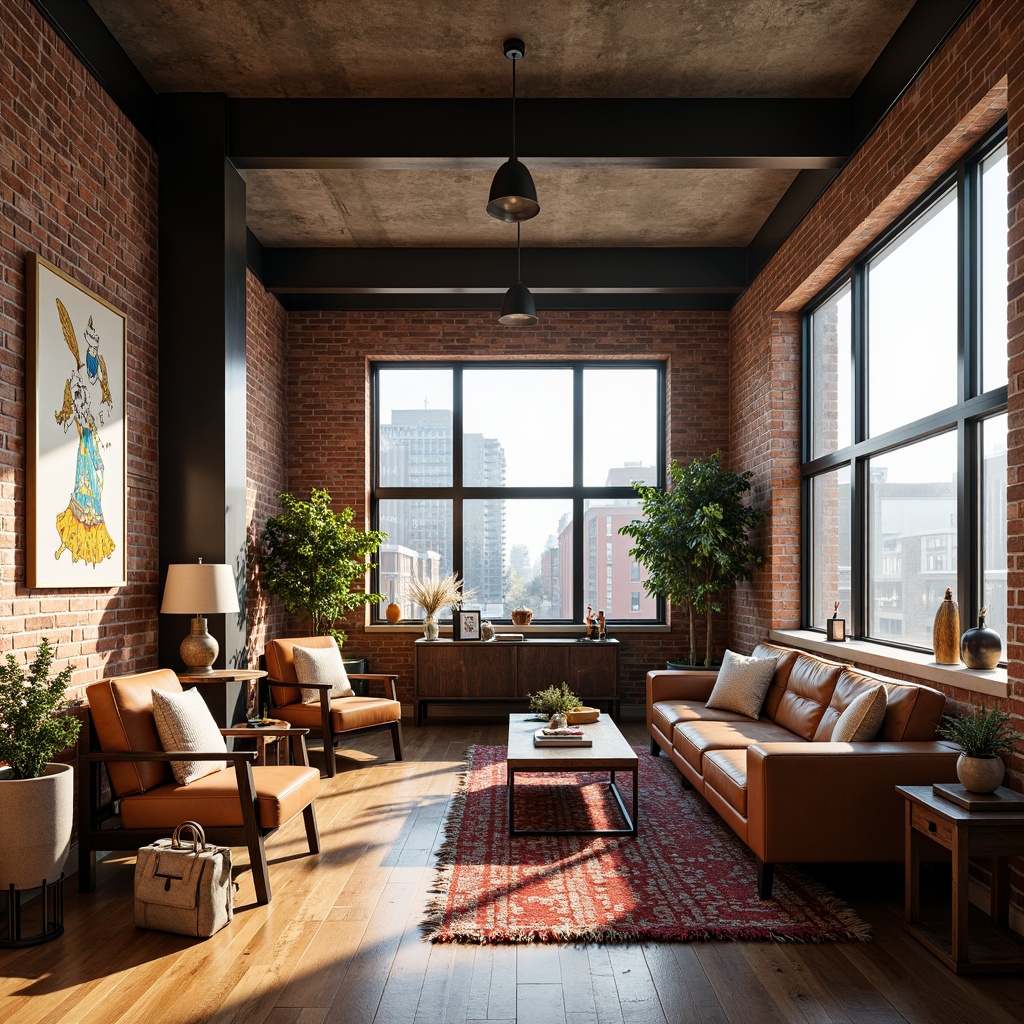 Prompt: Urban loft, eclectic decor, exposed brick walls, metal beams, wooden floors, large windows, natural light, open floor plan, modern furniture, vintage decorative pieces, colorful textiles, abstract artwork, industrial-chic lighting, urban views, cityscape, sunny day, soft warm lighting, shallow depth of field, 3/4 composition, panoramic view, realistic textures, ambient occlusion.