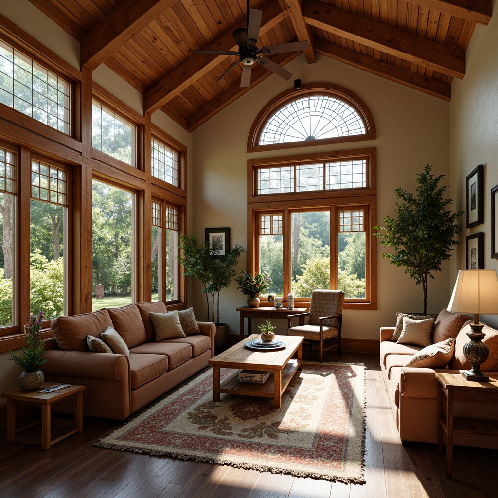 Prompt: Cozy craftsman interior, large windows, double-hung windows, stained glass details, wooden shutters, natural stone walls, earthy color palette, warm beige tones, rich wood accents, exposed beam ceilings, rustic wooden furniture, plush area rugs, soft warm lighting, gentle afternoon sunbeams, 1/1 composition, realistic textures, ambient occlusion.