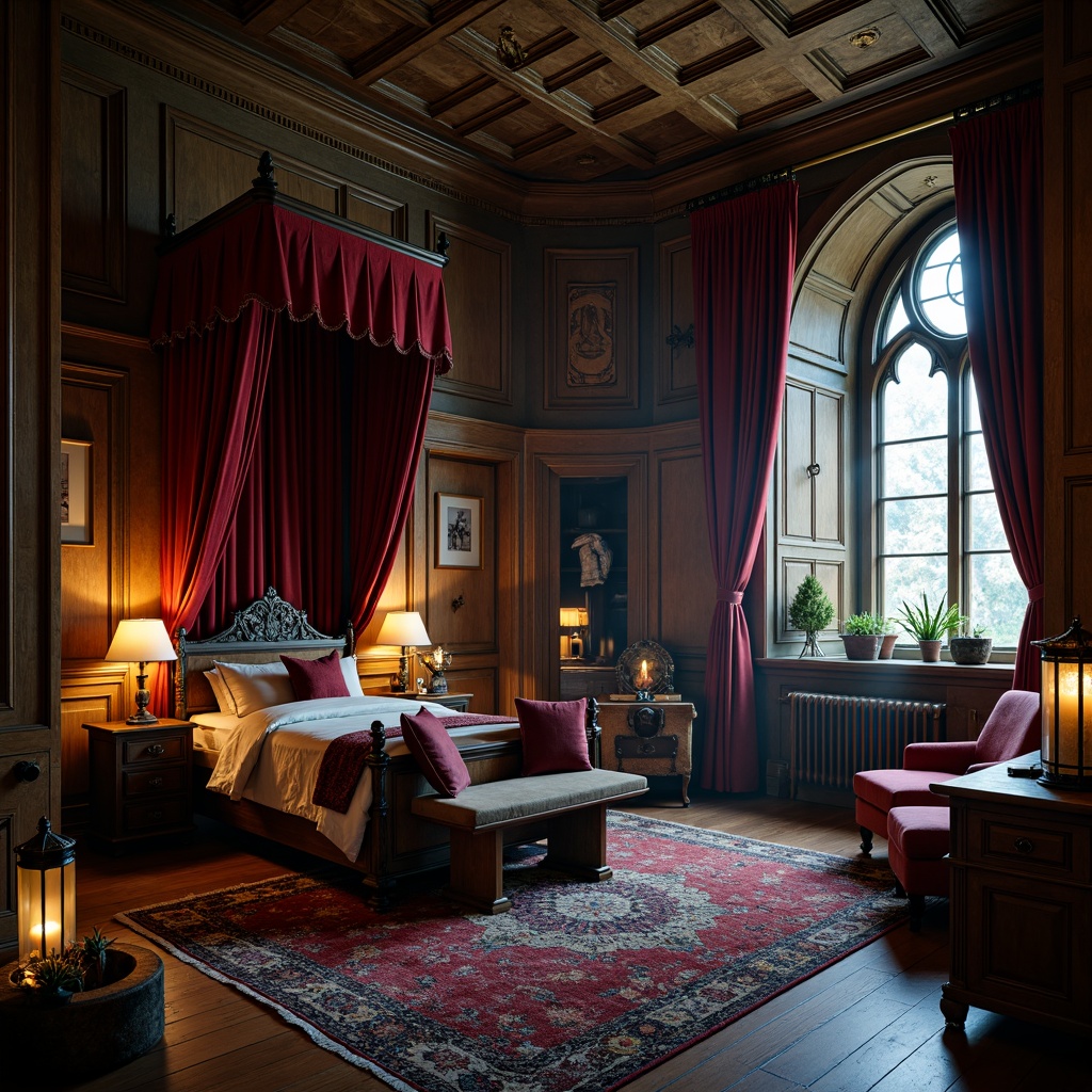 Prompt: Dark academia-inspired dorm room, ornate wooden furniture, lavish velvet drapes, mysterious candlelight, ancient tomes, mysterious artifacts, grandiose four-poster bed, intricately carved wooden panels, richly textured rugs, dramatic archways, pointed Gothic windows, mystical lanterns, eerie shadows, warm golden lighting, 1/1 composition, shallow depth of field, realistic textures, ambient occlusion.