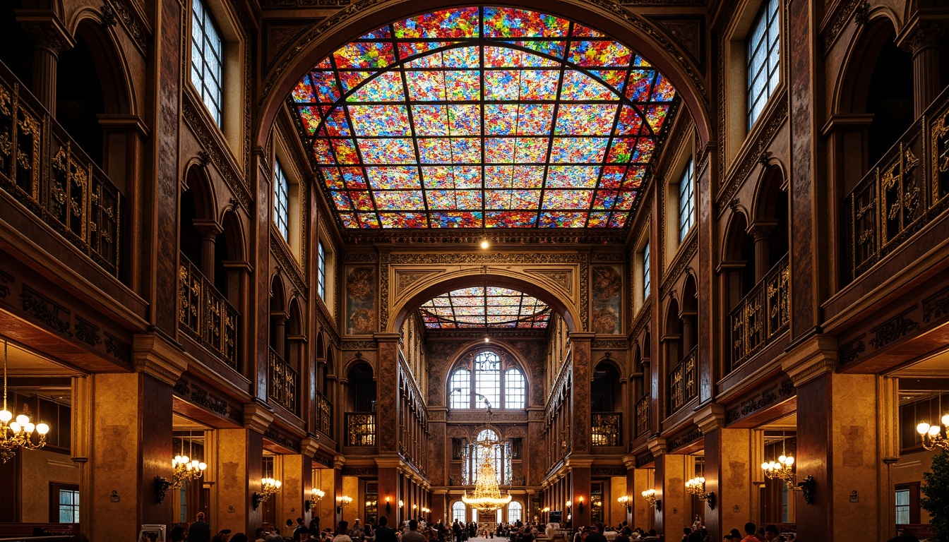 Prompt: Vibrant stained glass ceiling, kaleidoscope colors, ornate metal frames, intricate patterns, sacred geometry, Gothic architectural influences, grand cathedral-inspired design, dramatic lighting effects, radiant warm glow, luxurious interior ambiance, opulent furnishings, rich textiles, lavish decorations, ceremonial atmosphere, solemn quietude, high ceilings, imposing verticality, spiritual connections, ethereal quality, heavenly inspirations.