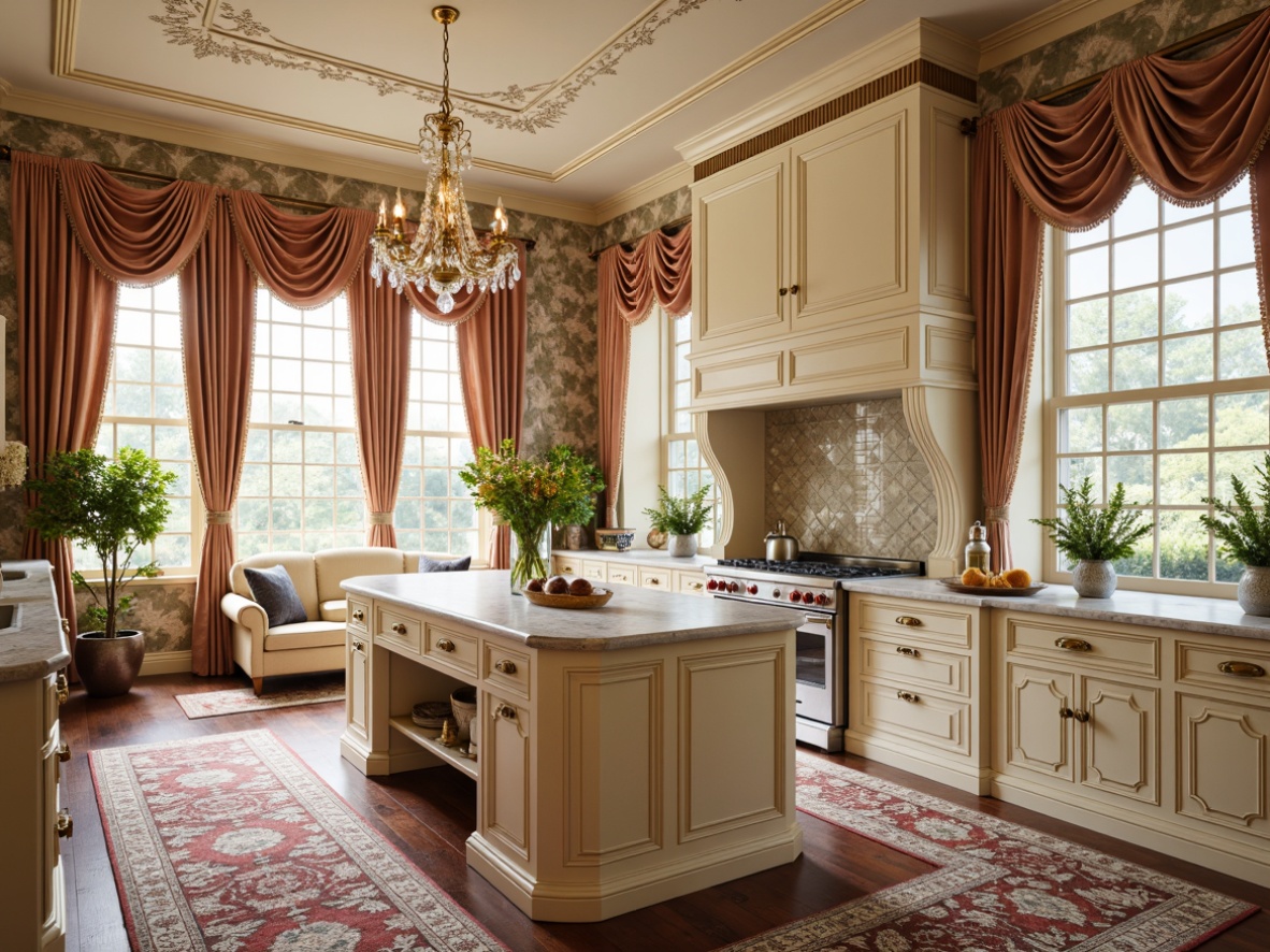 Prompt: Elegant kitchen island, creamy marble countertops, warm beige cabinets, ornate golden hardware, rich velvet drapes, plush area rugs, traditional classic furniture, intricate floral patterns, soft pastel colors, luxurious silk fabrics, vintage-inspired wallpaper, crystal chandeliers, morning natural light, shallow depth of field, 1/2 composition, realistic textures, ambient occlusion.