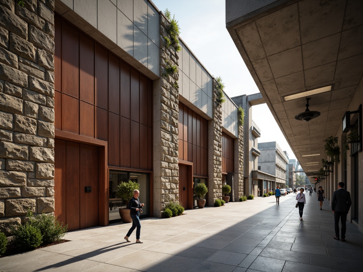 Prompt: Rough stone walls, weathered wooden planks, rusty metal cladding, glazed ceramic tiles, exposed concrete structures, modern brutalist architecture, industrial chic aesthetic, urban cityscape, busy street scene, natural light pouring in, soft warm glow, shallow depth of field, 3/4 composition, realistic textures, ambient occlusion.