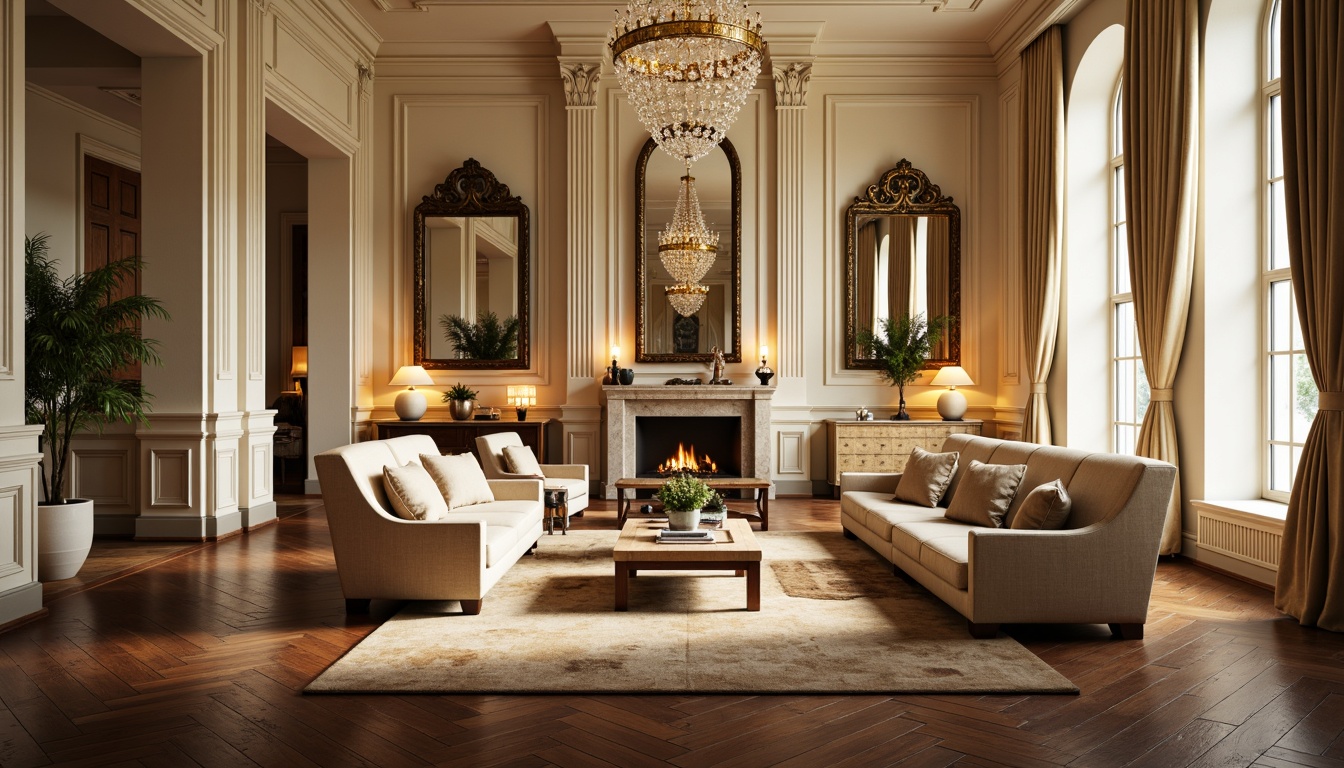 Prompt: Elegant family room, neoclassical furniture, ornate mirrors, crystal chandeliers, warm golden lighting, softbox lamps, table lamps, floor lamps, cream-colored walls, rich wood flooring, luxurious fabrics, velvet drapes, marble fireplaces, classical columns, intricate moldings, high ceilings, large windows, natural daylight, subtle shading, ambient occlusion, 1/1 composition, realistic textures.