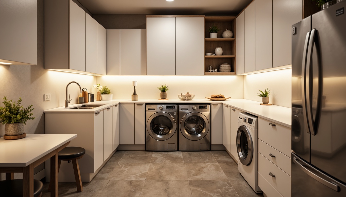 Prompt: Cozy laundry room, soft warm lighting, task-oriented overhead lights, under-cabinet LED strips, bright white countertops, sleek modern appliances, stainless steel finishes, minimalist decor, natural stone flooring, calming color palette, subtle textures, ambient shadows, 1/1 composition, realistic reflections, subtle gradient maps.