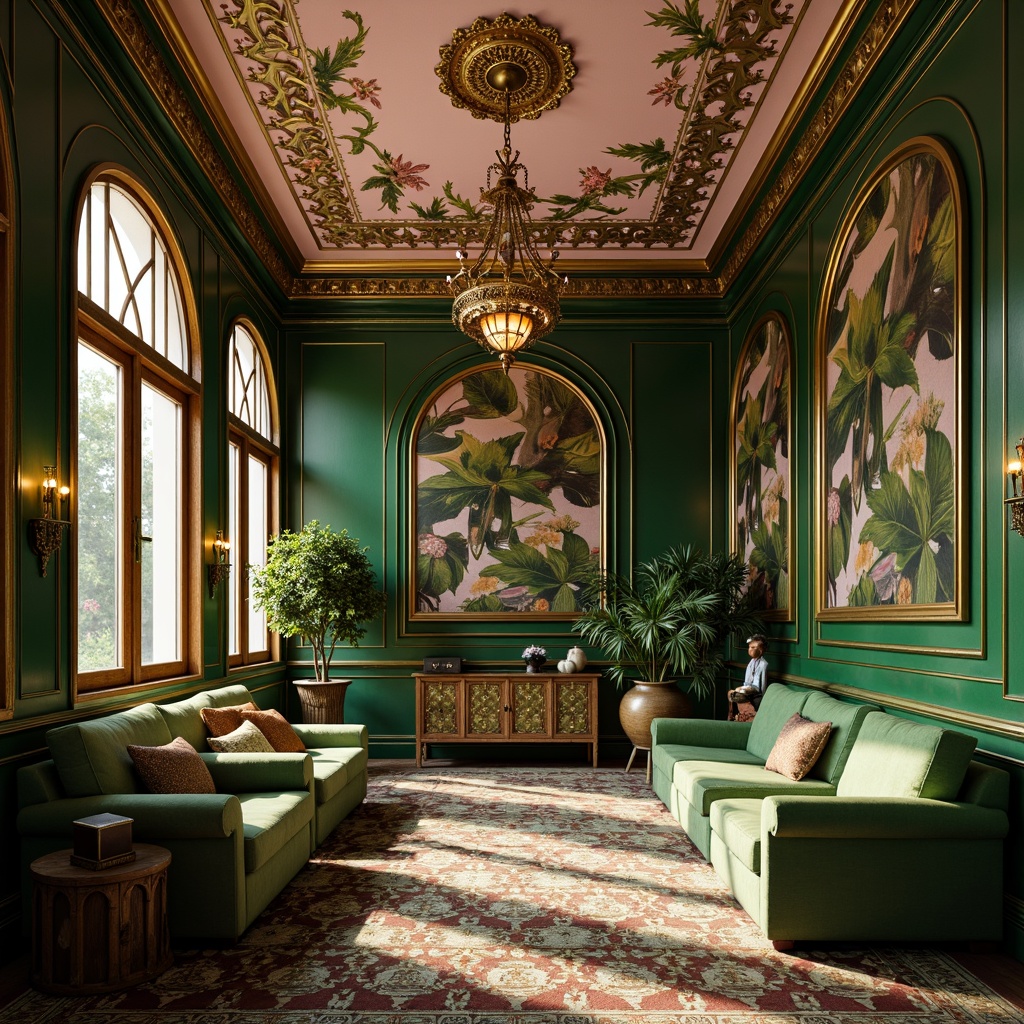 Prompt: Opulent Art Nouveau interior, rich jewel tones, emerald green walls, amber golden accents, soft blush pink ceilings, luxurious velvet fabrics, intricate ornate patterns, flowing organic lines, whimsical botanical motifs, warm candlelight, soft focus, shallow depth of field, 1/2 composition, atmospheric perspective, realistic textures, subtle ambient occlusion.