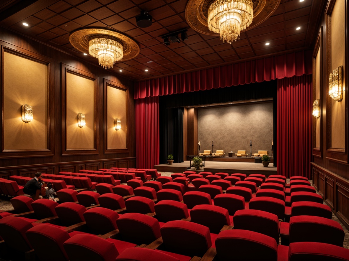 Prompt: Luxurious theater interior, sound-absorbing acoustic panels, rich wood tones, plush velvet seats, dramatic stage lighting, grand chandeliers, ornate gold details, crimson red curtains, sophisticated audio equipment, minimalist sleek lines, premium quality materials, warm ambient glow, 1/1 composition, shallow depth of field, realistic textures, soft box lighting.