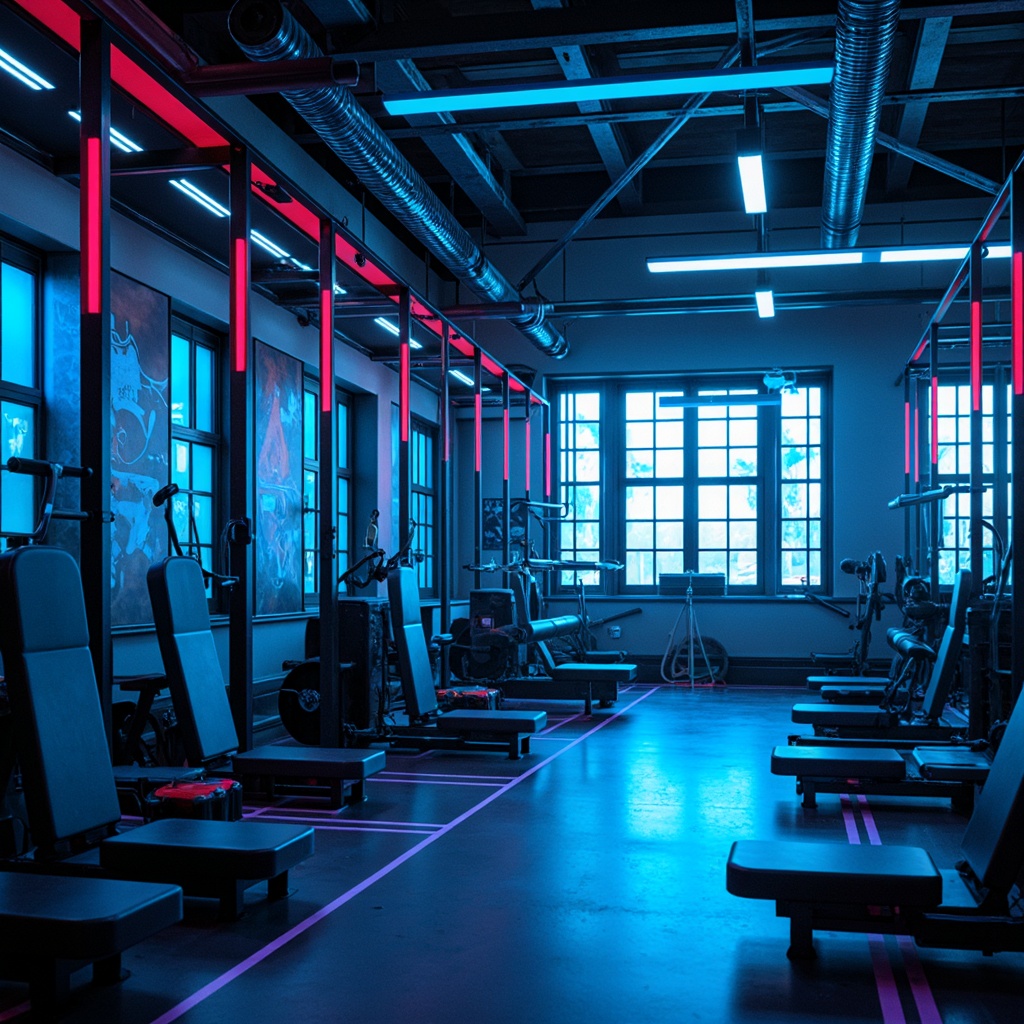 Prompt: Neon-lit home gym, futuristic exercise equipment, sleek metal frames, vibrant LED lights, electric blue accents, matte black surfaces, polished chrome details, high-gloss flooring, geometric patterns, holographic displays, ambient occlusion, shallow depth of field, 3/4 composition, panoramic view, realistic textures, misty atmosphere, soft warm lighting, modern architecture, minimalist design, innovative technology integration.