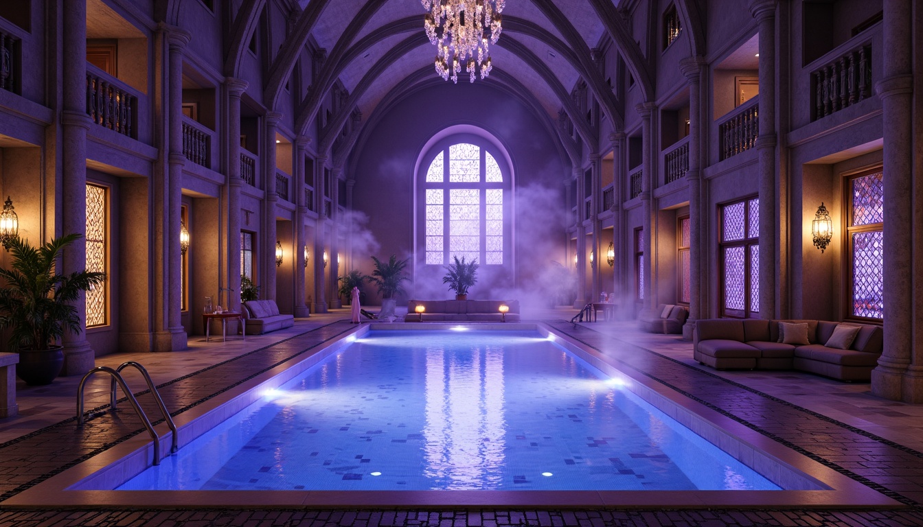 Prompt: Majestic gothic swimming pool, ornate stone carvings, mystical arches, grandiose columns, luxurious marble flooring, rich wood accents, stained glass windows, mystical lanterns, dramatic vaulted ceilings, intricate tile patterns, sparkling crystal chandeliers, regal purple hues, mysterious fog effects, cinematic lighting, low-angle shots, 1/2 composition, atmospheric misting.