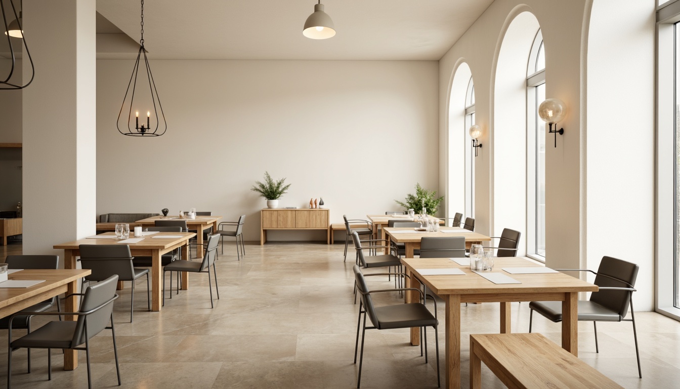 Prompt: Minimalist dining hall, sleek wooden tables, slim metal chairs, simple white linens, modern pendant lights, natural stone flooring, cream-colored walls, subtle textures, clean lines, minimal ornamentation, functional decor, airy atmosphere, soft diffused lighting, shallow depth of field, 3/4 composition, realistic renderings, ambient occlusion.