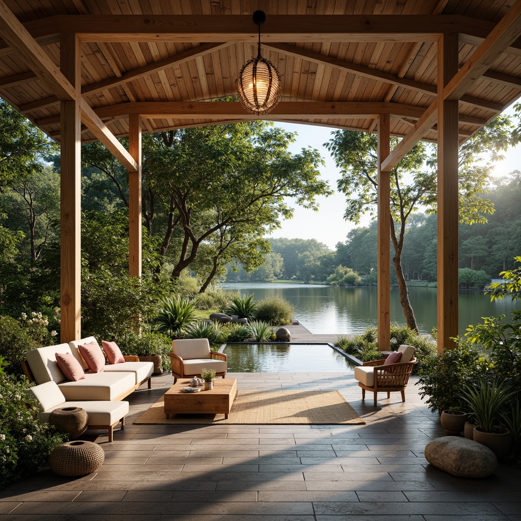 Prompt: Serene open space, tranquil lake, wooden boathouse, Asian-inspired interiors, natural wood accents, paper lanterns, woven bamboo furniture, lush greenery, tropical plants, water features, koi pond, stone pathways, minimalist decor, warm soft lighting, shallow depth of field, 1/1 composition, panoramic view, realistic textures, ambient occlusion.