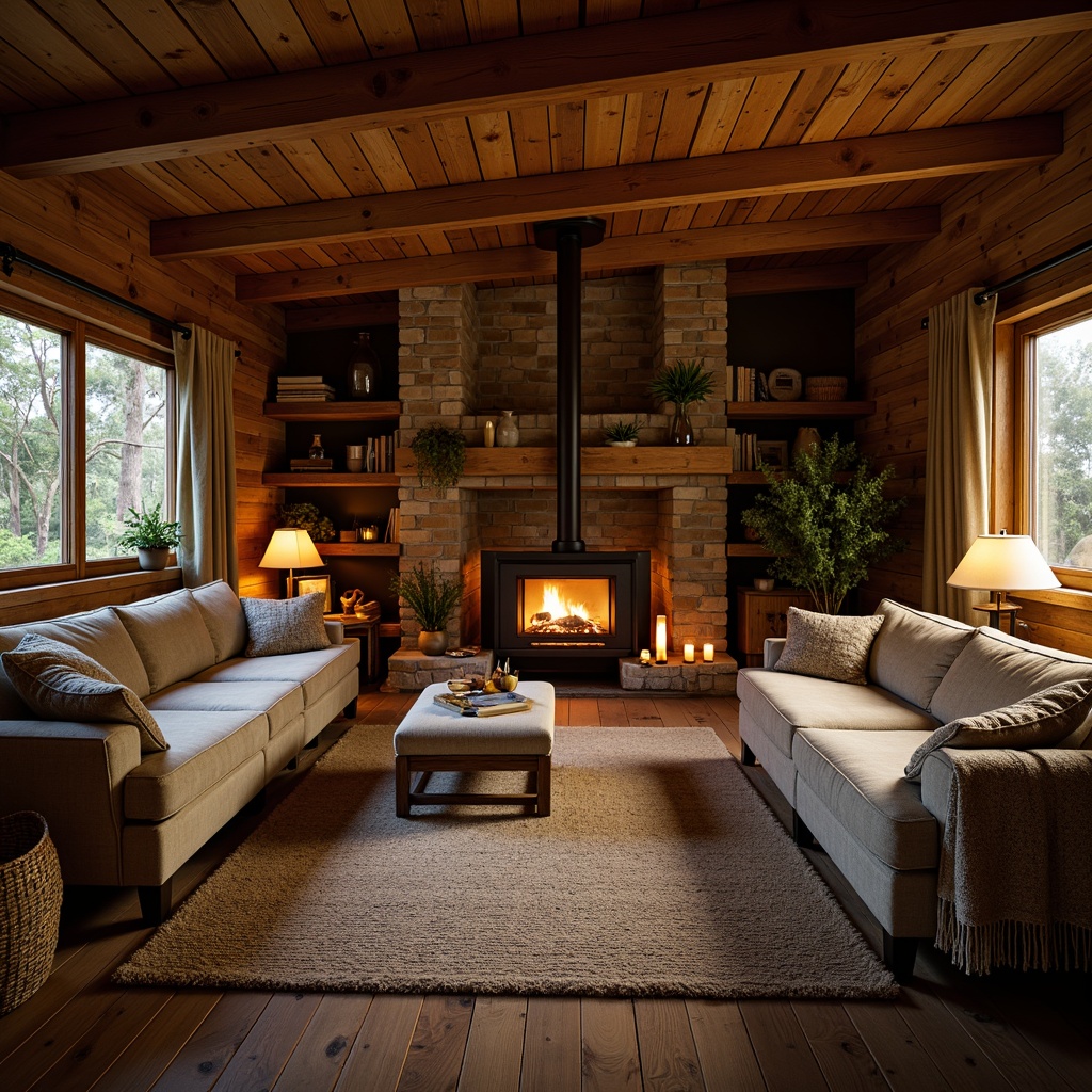 Prompt: Cozy cabin, natural wood accents, earthy tones, woven textiles, vintage patterns, distressed fabrics, warm candlelight, crackling fireplace, rustic wooden furniture, plush throw blankets, nature-inspired color palette, soft warm lighting, shallow depth of field, 1/1 composition, intimate atmosphere, realistic textures, ambient occlusion.