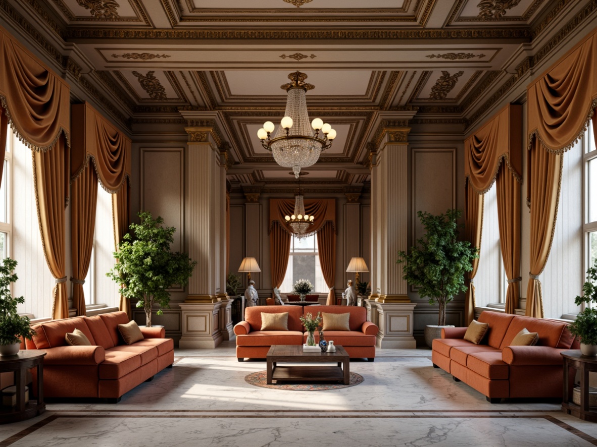 Prompt: Ornate molding details, neoclassical interior, grandiose ceiling designs, intricate wall paneling, ornamental columns, carved wooden furniture, luxurious fabrics, velvet drapes, crystal chandeliers, marble floors, symmetrical compositions, classical archetypes, subtle color palette, soft warm lighting, atmospheric ambiance, 1/1 composition, realistic textures, ambient occlusion.