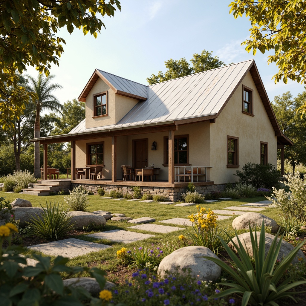 Prompt: Rustic farmhouse, vintage wooden accents, earthy tones, warm beige walls, soft sage greenery, distressed metal roofs, natural stone foundations, blooming wildflowers, sunny afternoon, warm golden lighting, shallow depth of field, 1/1 composition, realistic textures, ambient occlusion.