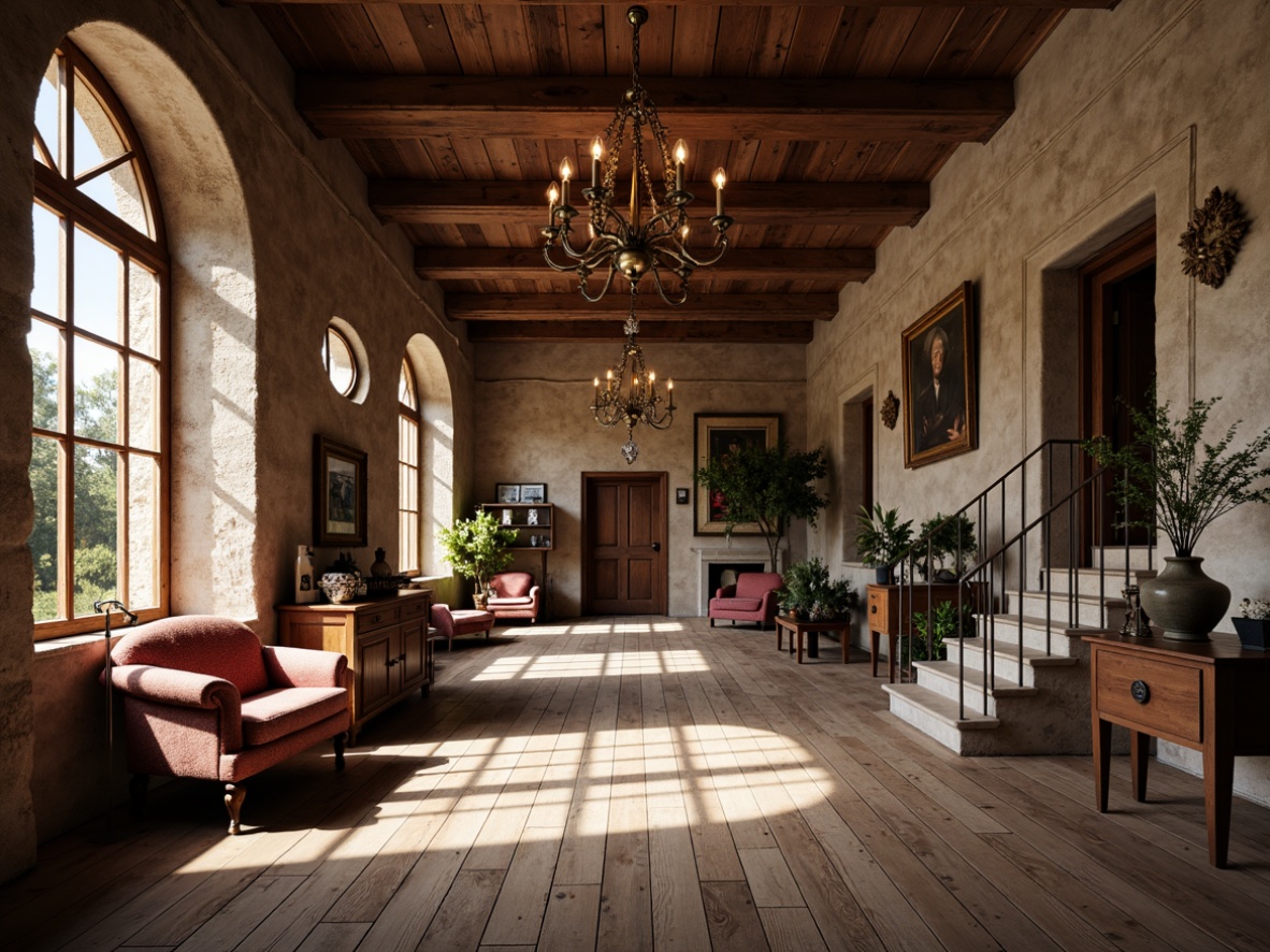 Prompt: Rustic hall, wooden flooring, distressed planks, vintage furniture, stone walls, arched windows, ornate chandeliers, grand staircases, luxurious textiles, rich wood tones, earthy color palette, natural lighting, soft warm glow, shallow depth of field, 2/3 composition, atmospheric perspective, realistic textures, ambient occlusion.