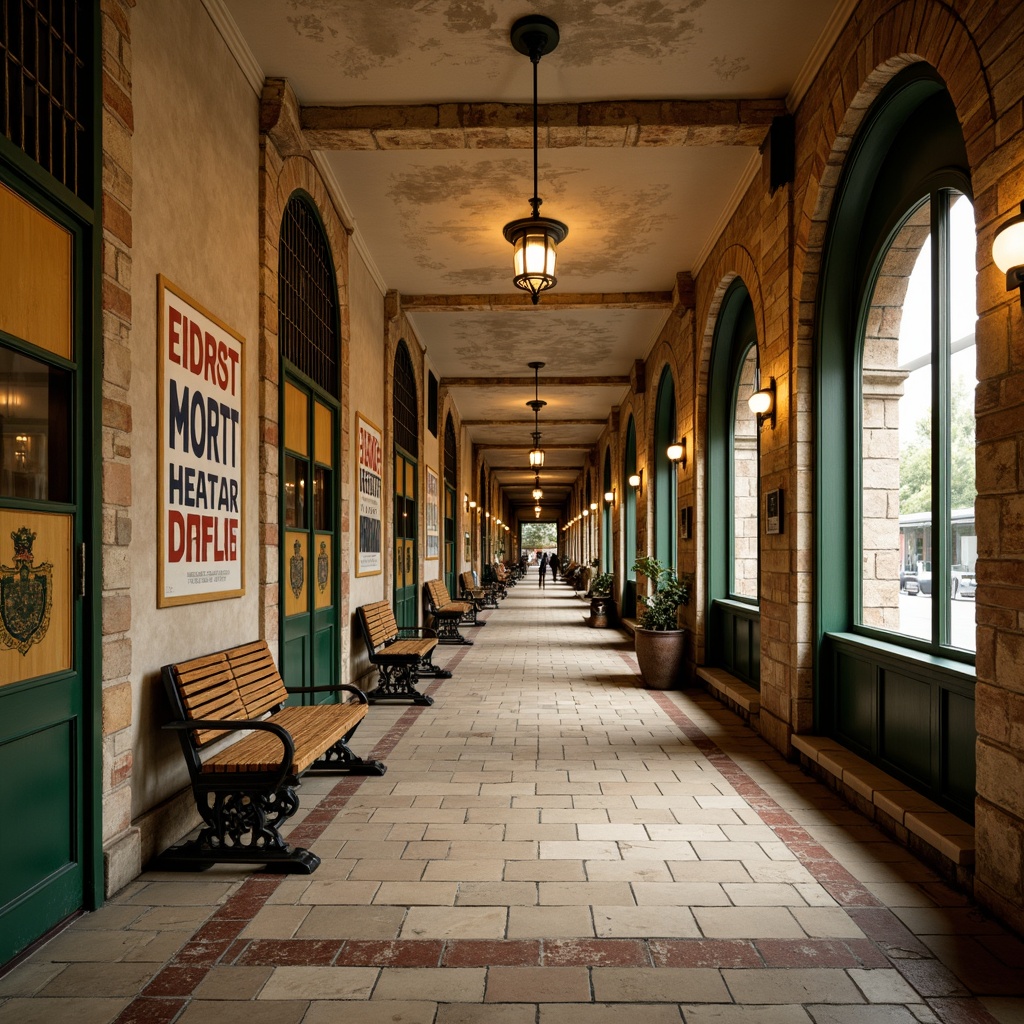 Prompt: Rustic metro station, distressed stone walls, vintage advertisements, ornate metal railings, soft warm lighting, earthy color palette, moss green accents, weathered wood tones, faded red brick, cream-colored ceramics, elegant typography, classic French country flair, natural stone floors, industrial-style lighting fixtures, decorative archways, soft beige textures, subtle golden accents, warm atmospheric ambiance, shallow depth of field, 1/2 composition, realistic render.