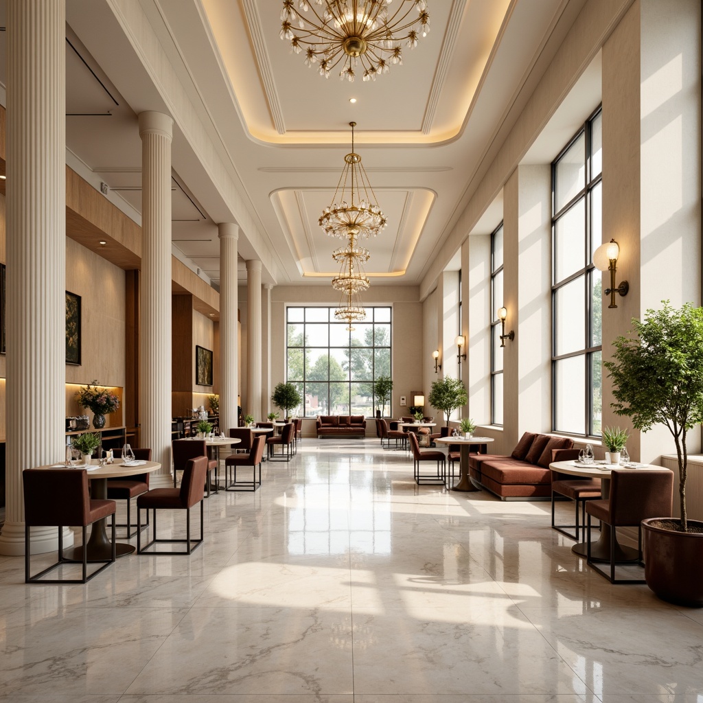 Prompt: Polished marble floors, sleek wooden tables, minimalist metal chairs, luxurious velvet upholstery, elegant crystal chandeliers, refined gold accents, sophisticated cream-colored walls, spacious open layout, high ceilings, abundant natural light, warm soft lighting, 1/1 composition, shallow depth of field, realistic textures, ambient occlusion.