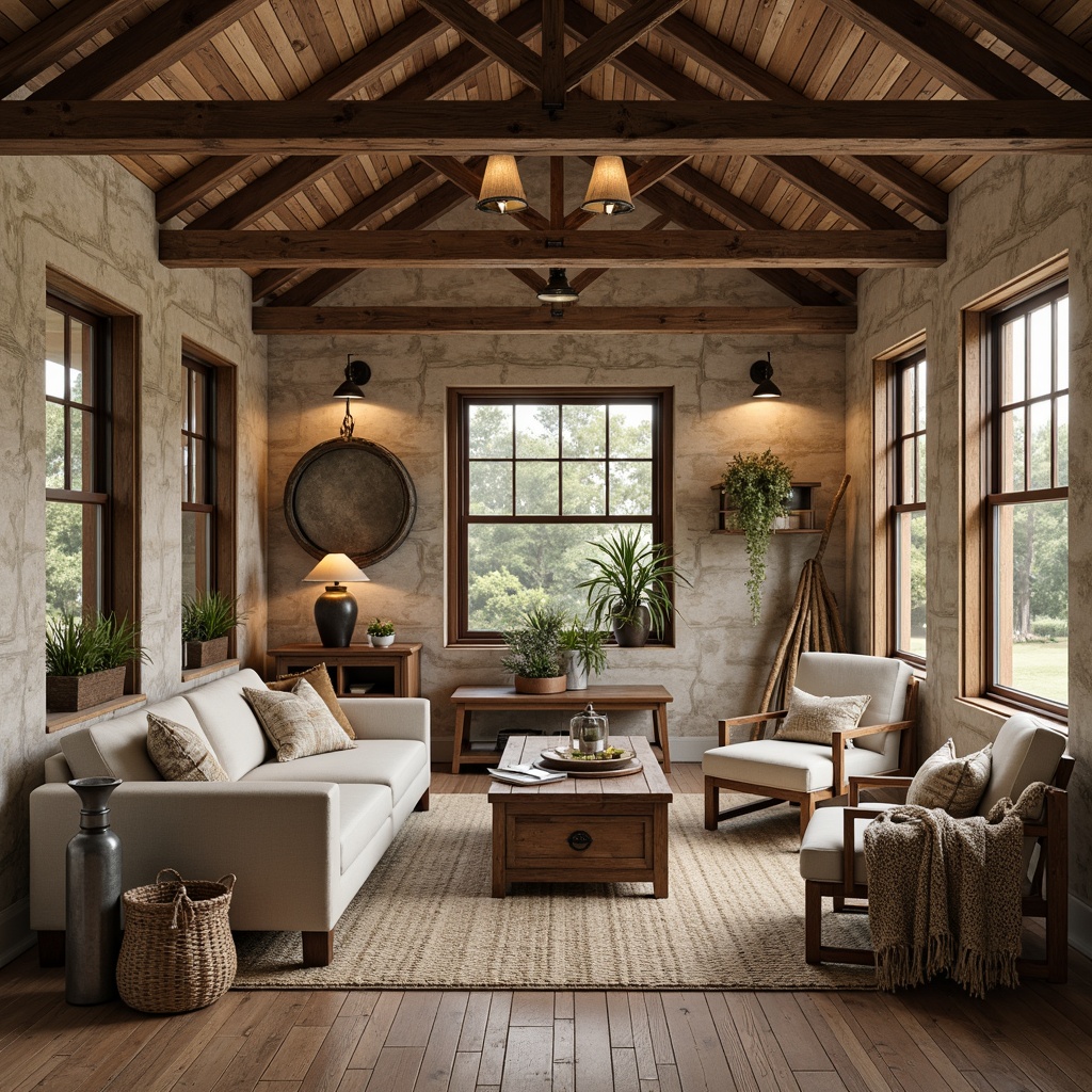 Prompt: Rustic farmhouse interior, vintage metal lanterns, distressed wooden beams, earthy tones, natural stone walls, reclaimed wood flooring, cozy textiles, plush throw blankets, woven baskets, antique furniture pieces, soft warm lighting, industrial-chic pendant lights, galvanized metal accents, country-inspired decor, organic shapes, nature-inspired patterns, warm beige colors, comfortable seating areas, functional storage solutions.