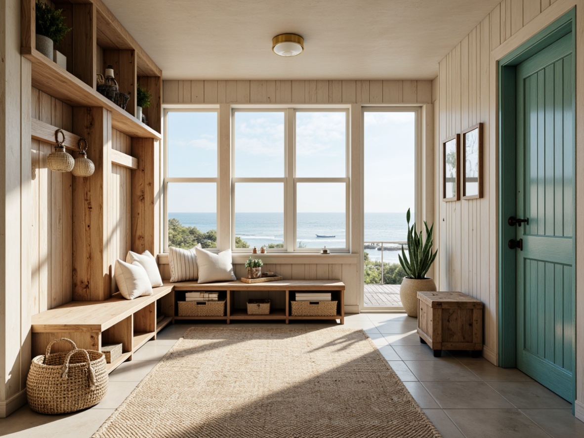 Prompt: Coastal-style mudroom, driftwood accents, weathered wood tones, natural fiber rugs, jute or sisal flooring, soft blue-green hues, woven sea grass textures, coral-inspired patterns, distressed wood planks, ocean-breeze color palette, rustic metal decor, nautical-themed accessories, sandy beige walls, shell-adorned mirrors, refreshing ocean views, warm sunny lighting, shallow depth of field, 1/2 composition, realistic wood grain textures.