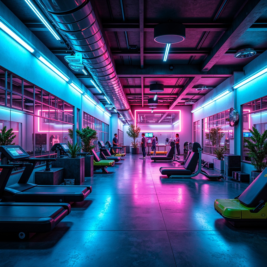 Prompt: Neon-lit home gym, futuristic equipment, metallic surfaces, vibrant neon colors, glowing accents, high-tech machinery, sleek lines, minimalist design, industrial-chic aesthetic, polished concrete floors, silver-toned mirrors, LED light strips, bold geometric patterns, electric blue hues, hot pink accents, fluorescent green tones, dynamic color gradients, 3D-rendered textures, futuristic ambiance, low-key lighting, cinematic composition, wide-angle shot.