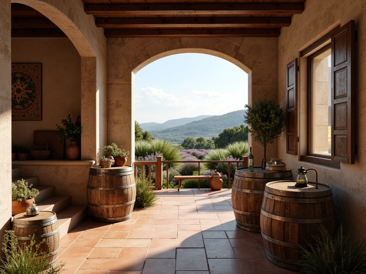 Prompt: Distressed wooden barrels, vintage wine-making equipment, rustic stone walls, earthy terracotta floors, soft warm lighting, natural linen fabrics, antique metal lanterns, distressed wooden shutters, lavender fields, rolling hills, Tuscan landscape, sunny afternoon, shallow depth of field, 1/1 composition, realistic textures, ambient occlusion.