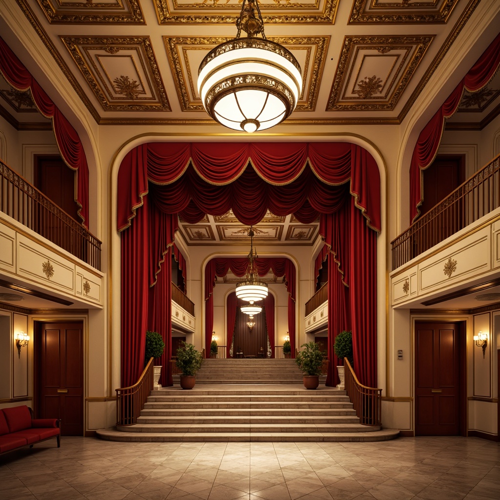 Prompt: Elegant theater interior, neoclassical style, rich velvet curtains, golden ornate details, majestic chandeliers, marble floors, grand staircase, crimson red walls, soft cream accents, warm beige tones, subtle bronze metallic hints, dramatic spotlights, softbox lighting, 1/2 composition, shallow depth of field, realistic textures, ambient occlusion.