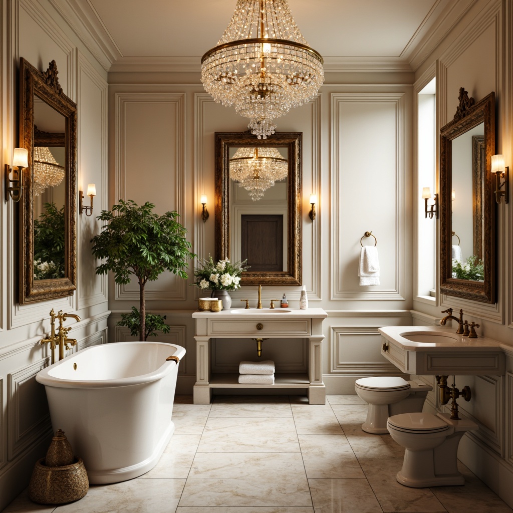 Prompt: Elegant bathroom, ornate mirrors, crystal chandeliers, freestanding tubs, bronze faucets, marble countertops, white ceramic sinks, gold accents, intricate moldings, decorative trim, soft warm lighting, natural stone flooring, wooden cabinetry, classic pedestal sinks, ornamental plants, gentle water flow, subtle aromas, warm beige tones, subtle texture overlays, realistic reflections, 1/2 composition, soft focus effect.