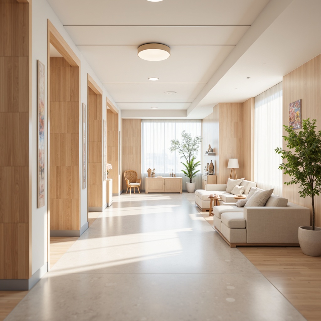 Prompt: Soothing medical facility, calming atmosphere, gentle pastel hues, soft peach tones, pale blue accents, creamy whites, natural wood textures, minimal ornamentation, peaceful ambiance, warm lighting, shallow depth of field, 1/1 composition, realistic renderings, ambient occlusion.