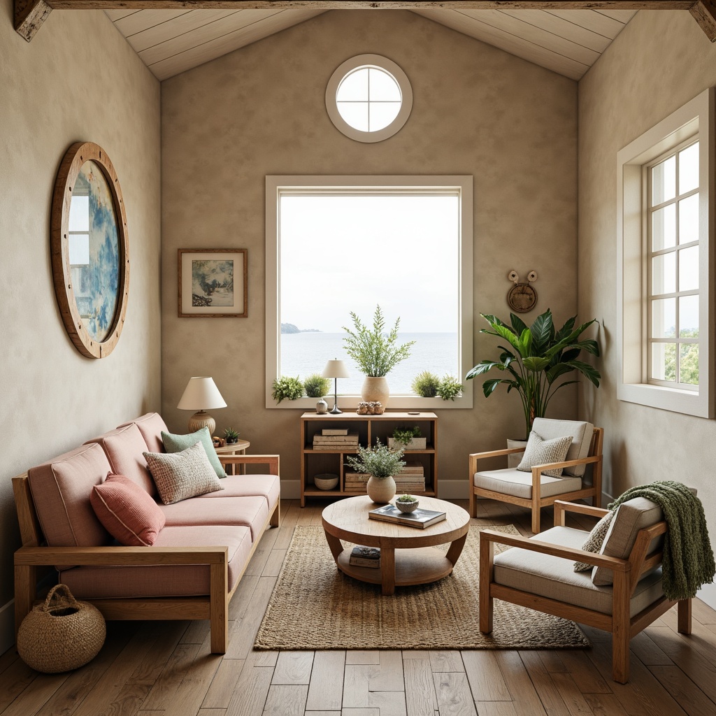 Prompt: Warm beige walls, driftwood furniture, seafoam green accents, coral pink hues, sandy neutrals, ocean-inspired blues, natural textiles, woven jute rugs, reclaimed wood flooring, nautical-themed decor, porthole windows, distressed metal fixtures, soft warm lighting, 1/1 composition, cozy atmosphere, beachy vibe, laid-back feel, relaxed ambiance.