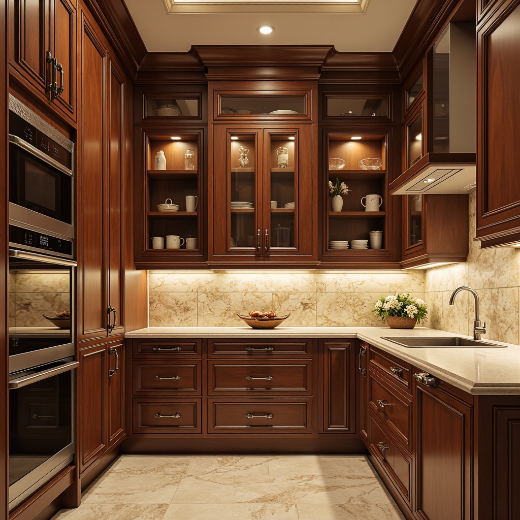 Prompt: Luxurious kitchen, rich wood tones, polished chrome hardware, soft-close drawers, quartz countertops, ambient under-cabinet lighting, warm beige backsplashes, sophisticated crown molding, premium quality materials, ornate carvings, subtle texture variations, detailed cabinet profiles, refined interior architecture, comfortable seating areas, abundant natural light, 1/1 composition, shallow depth of field, realistic wood grain textures.