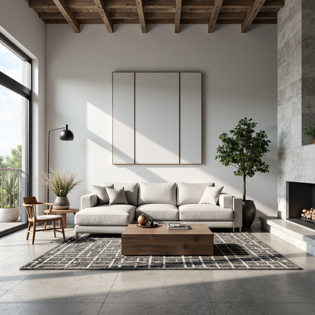 Prompt: Minimalist living room, low-profile sofa, sleek coffee table, monochromatic color scheme, polished concrete floors, industrial-chic lighting fixtures, geometric-patterned rug, Scandinavian-inspired wooden chairs, floor-to-ceiling windows, natural light pouring in, subtle textures, airy atmosphere, 1/1 composition, softbox lighting, realistic reflections, ambient occlusion.