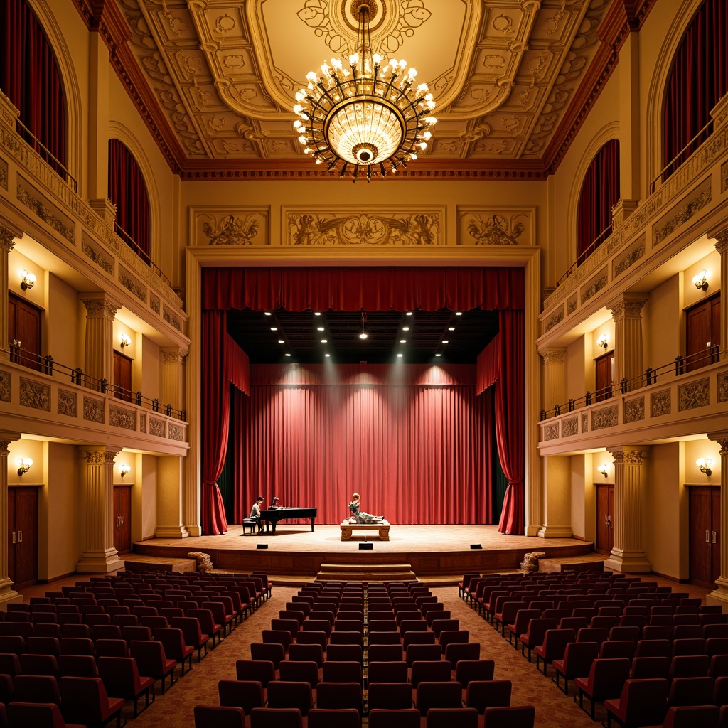 Prompt: Elegant concert hall, ornate chandeliers, warm golden lighting, rich wood tones, velvet curtains, plush seating, sophisticated sound systems, acoustic panels, grand pianos, intimate stage settings, soft box seating, dramatic spotlights, subtle color changing LED lights, high ceilings, ornamental moldings, classic architectural details, refined ambiance, warm beige walls, polished wooden floors, luxurious fabrics, subtle aromas, relaxed atmosphere, soft focus, 1/2 composition, cinematic lighting, realistic reflections.