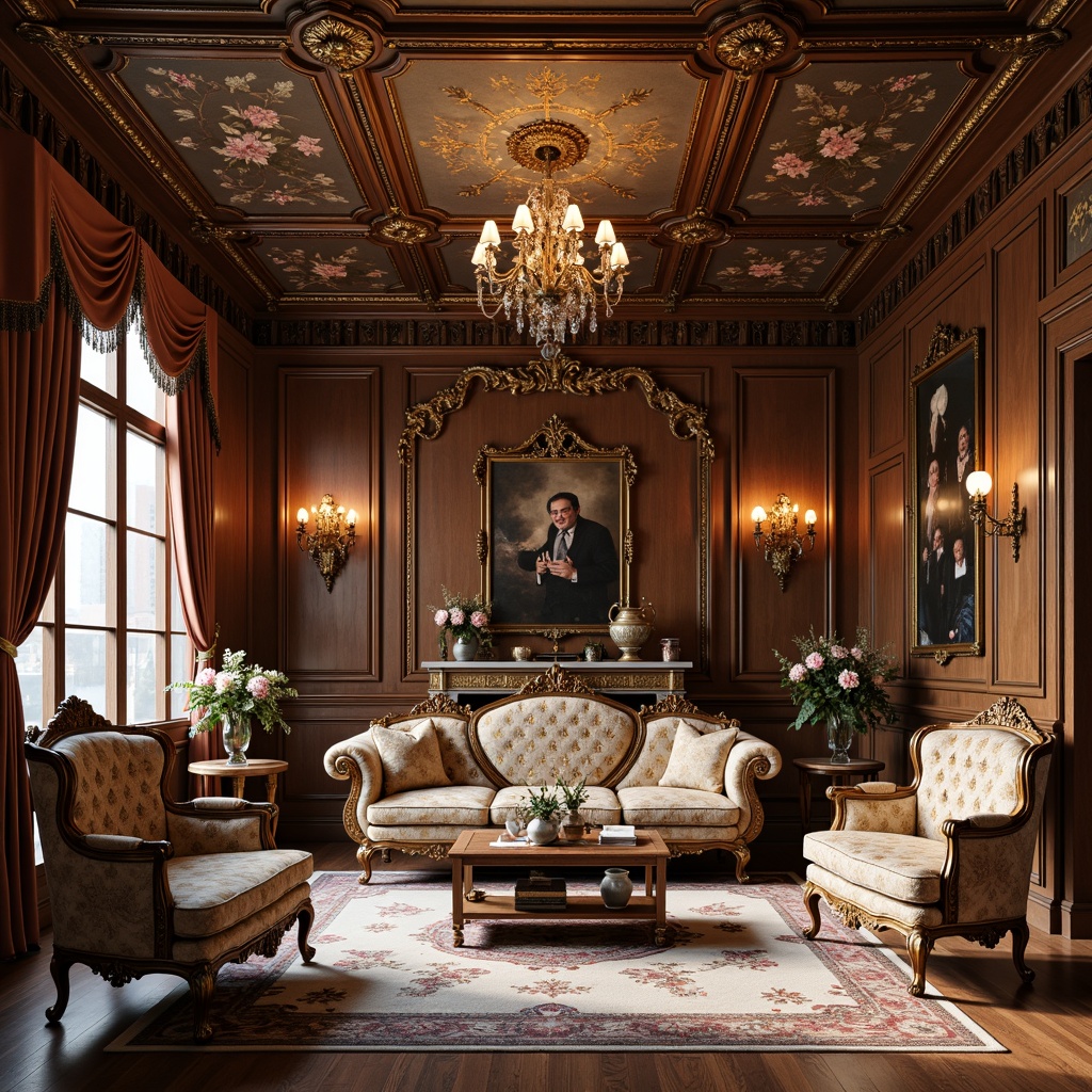 Prompt: Ornate wooden furniture, curved silhouettes, gilded carvings, delicate florals, luxurious upholstery, velvet fabrics, golden accents, intricate patterns, cabriole legs, ornamental mirrors, crystal chandeliers, lavish drapery, opulent textiles, French Renaissance influences, grandiose proportions, highly polished surfaces, soft warm lighting, shallow depth of field, 1/1 composition, realistic textures, ambient occlusion.