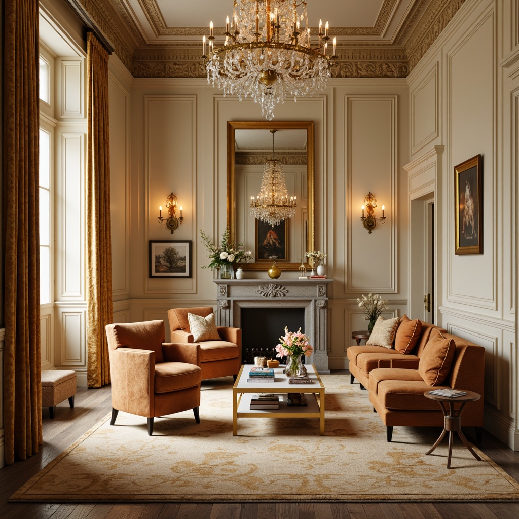 Prompt: Elegant family room, neoclassical architecture, rich wood tones, cream-colored walls, ornate moldings, gilded frames, luxurious velvet fabrics, subtle sheen, warm beige carpeting, crystal chandeliers, soft golden lighting, shallow depth of field, 1/1 composition, realistic textures, ambient occlusion.