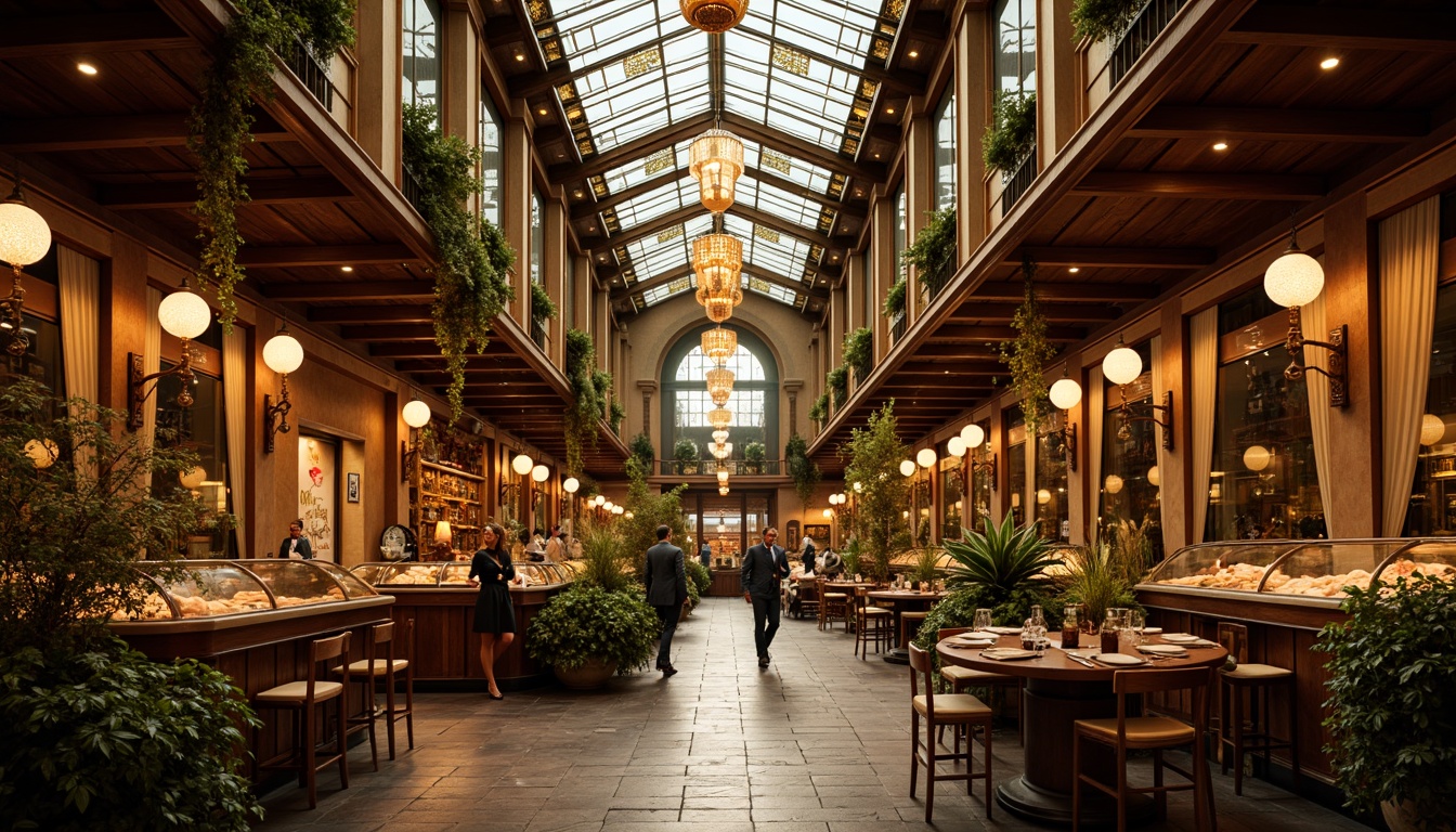 Prompt: Elegant market interior, ornate Art Nouveau details, flowing organic patterns, warm golden lighting, soft lamp shades, intricately designed metalwork, stained glass ceiling, rich wood tones, luxurious fabrics, velvet drapes, ornamental mirrors, grand chandeliers, subtle color palette, high contrast accents, dramatic shadows, warm ambient glow, cinematic atmosphere, 1/2 composition, shallow depth of field, realistic textures, subtle grain.