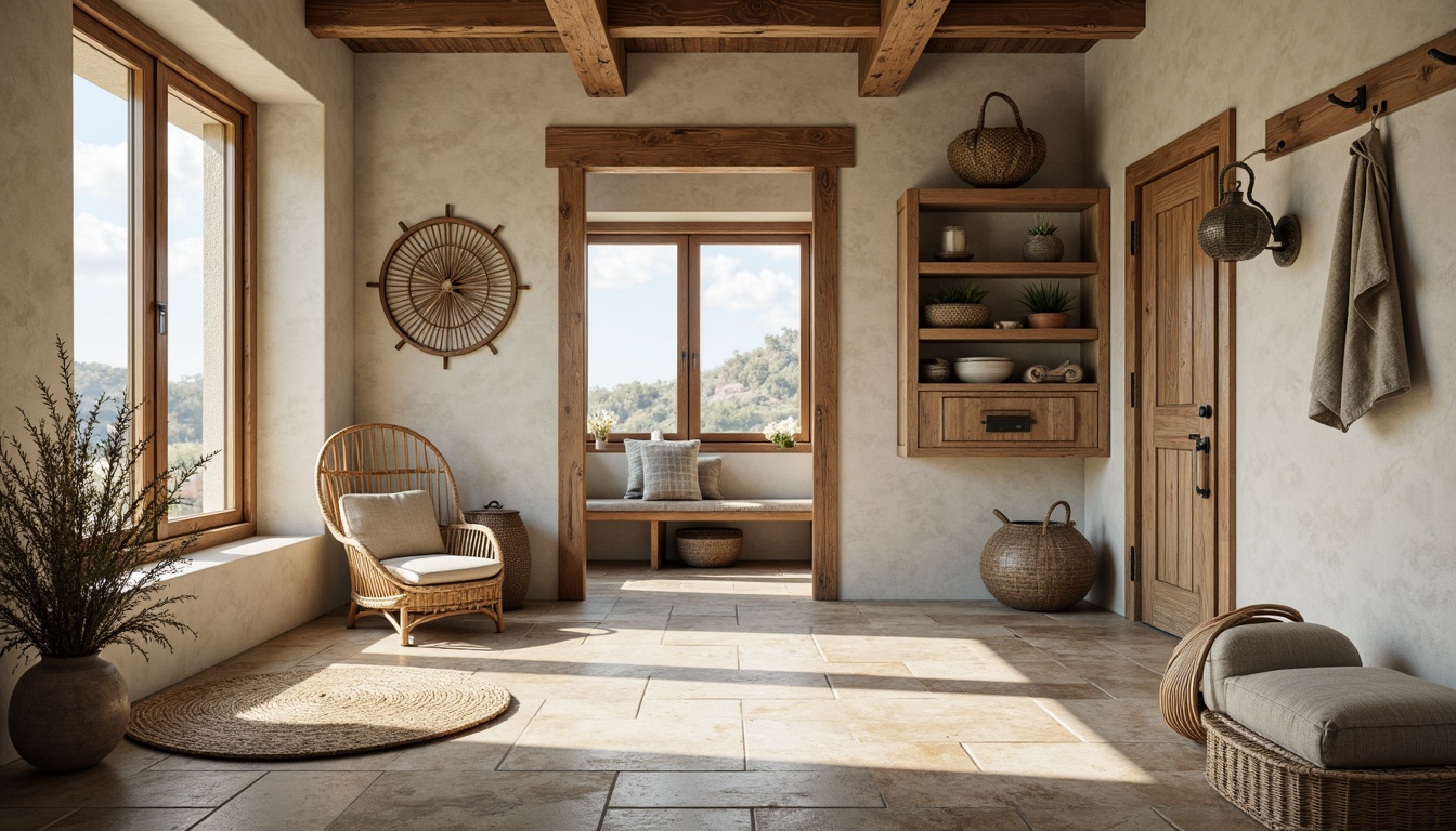 Prompt: Rustic coastal mudroom, natural stone flooring, weathered wood accents, sandy beige tones, nautical-themed decor, woven sea grass mats, driftwood-inspired furniture, ocean-blue color palette, soft warm lighting, shallow depth of field, 3/4 composition, panoramic view, realistic textures, ambient occlusion.Let me know if you need any adjustments!