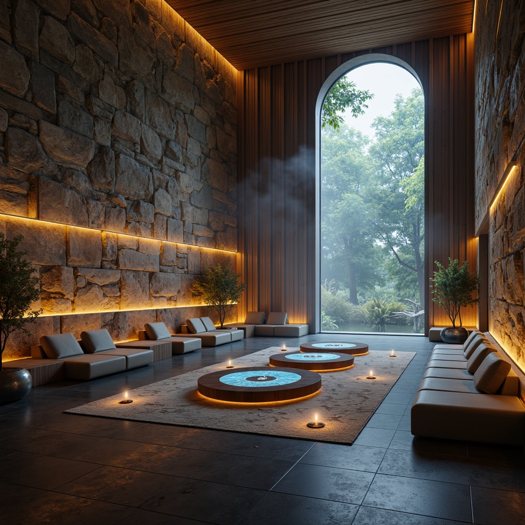 Prompt: Monastic futuristic interior, minimalist stone walls, rustic wooden accents, sleek metal furniture, holographic prayer candles, neon-lit meditation areas, levitating benches, curved ergonomic chairs, sacred geometry patterns, ambient LED lighting, misty atmospheric effects, shallow depth of field, 1/2 composition, cinematic view, realistic textures, subtle animations.